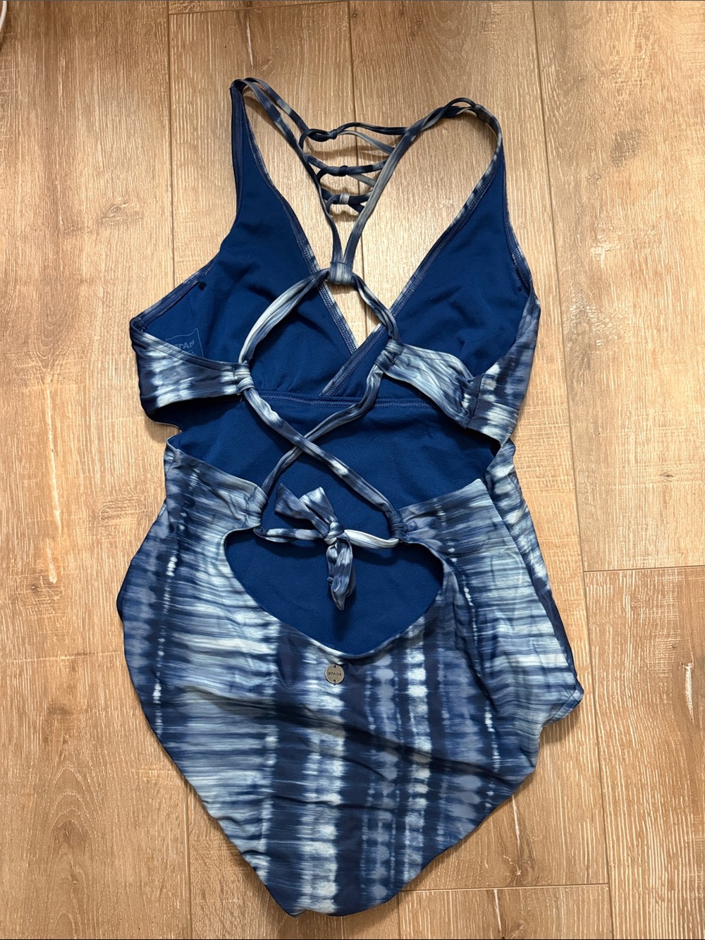 Prana Navy and White Tie-Dye One-Piece with Strappy Back Detail - Picture 3 of 4